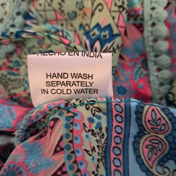 Bohemian Style Print Dress Bell Sleeve V-Neck Tassels Ribbon Made in India OS - Picture 11 of 14